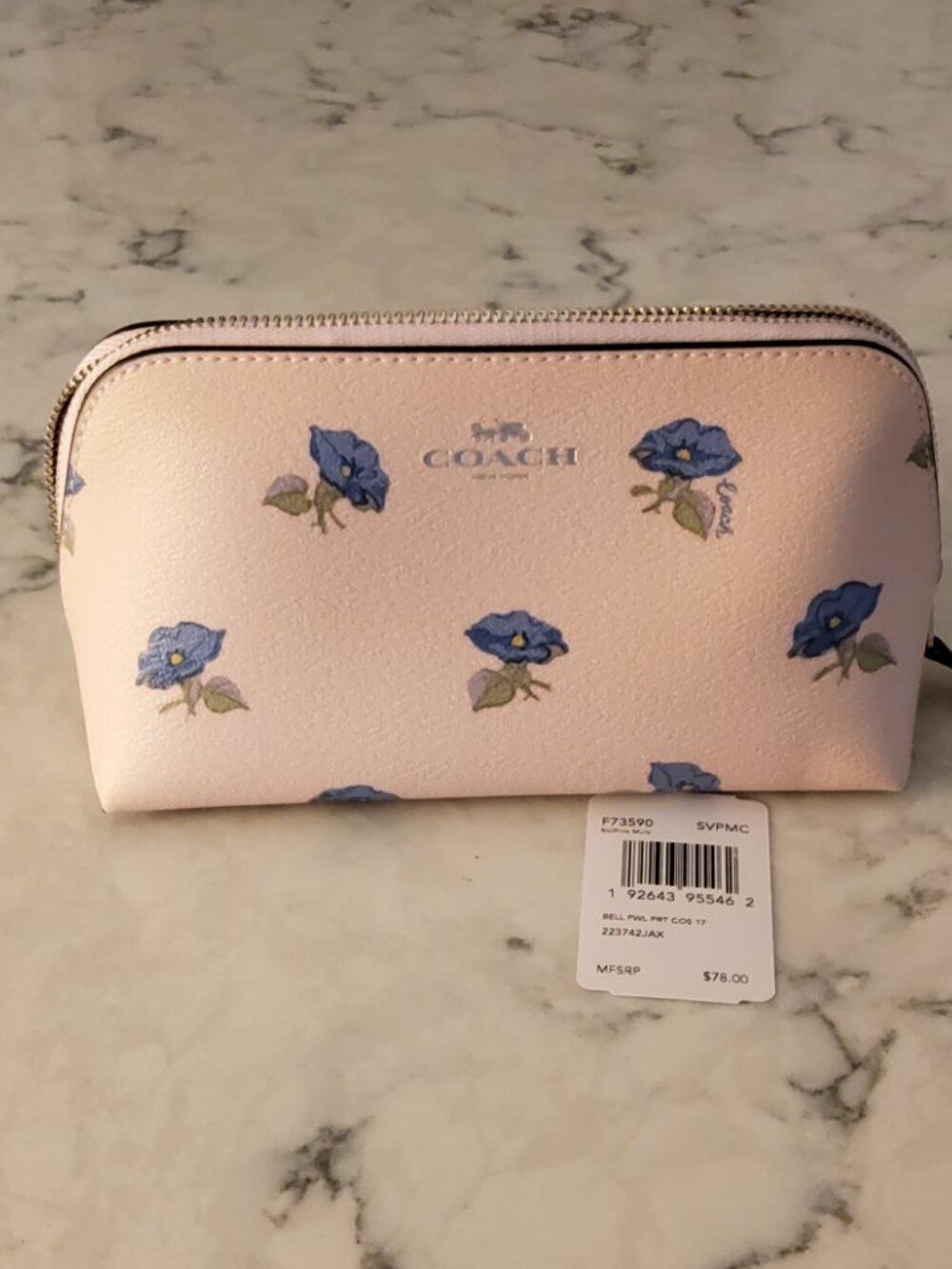 New Coach Cosmetic Case F73590 with Bell Flower Print in Pink Multi